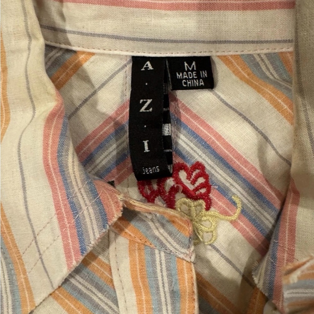AZI Embroidered Stripe Blouse Western Boho Floral Detail Raw Hem M - Picture 11 of 13
